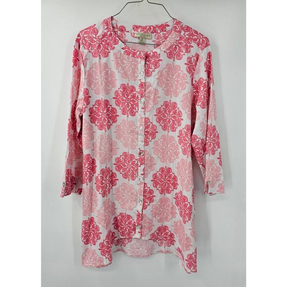 APPLESEEDS Pink Button Down Floral 3/4 Sleeve Cotton Top Womens Size Medium M - Picture 1 of 4